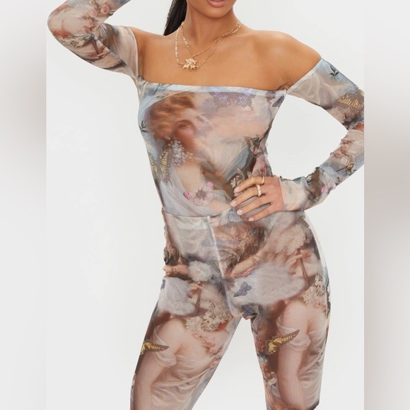 Renaissance print Mesh 2pc Bodysuit & Legging Pant Set - Picture 2 of 2